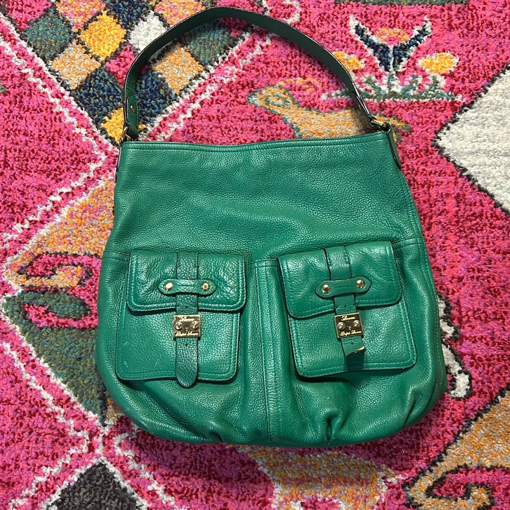 Ralph Lauren Green Pebbled Leather Pocket Shoulder Tote